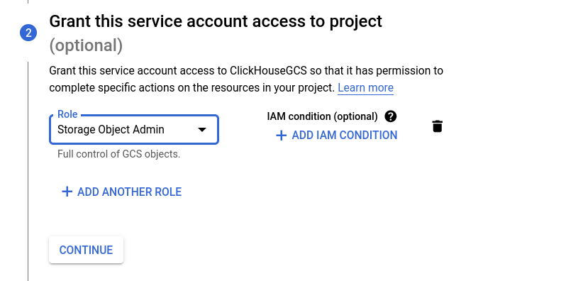 Selecting IAM role Storage Object Admin in GCS